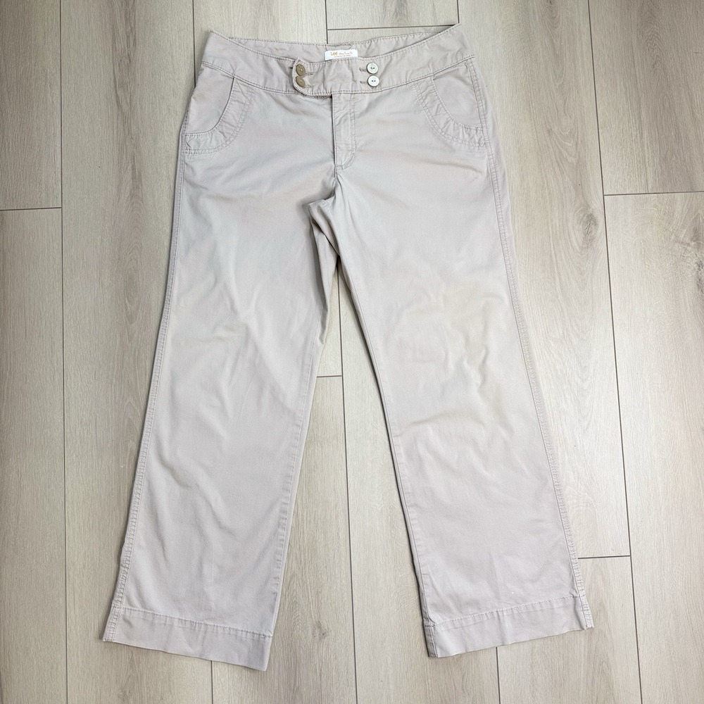 Lee One True Fit Women's Pants Beige Size 14 Cotton Blend Wide Leg Casual Trouse